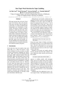 Best Topic Word Selection for Topic Labelling Jey Han Lau,♠♥ David Newman,♠♦ Sarvnaz Karimi♠ and Timothy Baldwin♠♥ ♠ NICTA Victoria Research Laboratory ♥ Dept of Computer Science and Software Engineerin