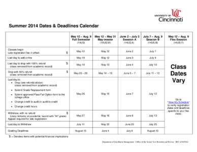 Summer 2014 Dates & Deadlines Calendar  Classes begin Late registration fee in effect  $