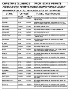 CHRISTMAS CLOSINGS  FROM STATE PERMITS PLEASE CHECK PERMITS IN CASE RESTRICTIONS CHANGE!!! INFORMATION ONLY - NOT RESPONSIBLE FOR STATE CHANGES