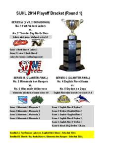 SIJHL 2014 Playoff Bracket (Round 1) SERIES A (1 VS. 2 SHOWDOWN) No. 1 Fort Frances Lakers vs. No. 2 Thunder Bay North Stars Lakers win 2-game, total-goal series 6-4