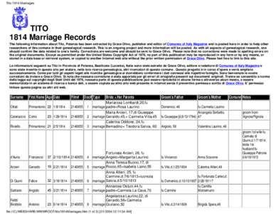 Tito 1814 Marriages  TITO 1814 Marriage Records The following information about Tito, Potenza has been extracted by Grace Olivo, publisher and editor of Comunes of Italy Magazine and is posted here in order to help other