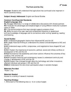 8th Grade The Farm and the City Purpose: Students will understand that agriculture has continued to be important in North Carolina’s history. Subject Area(s) Addressed: English and Social Studies Common Core/Essential 