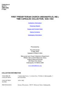 FIRST PRESBYTERIAN CHURCH (INDIANAPOLIS, IND.) TIME CAPSULES COLLECTION, [removed]