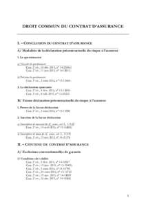 DROIT COMMUN DU CONTRAT D’ASSURANCE  I. – CONCLUSION DU CONTRAT D’ASSURANCE A/ Modalités de la déclaration précontractuelle du risque à l’assureur 1. Le questionnaire a) Nécessité du questionnaire