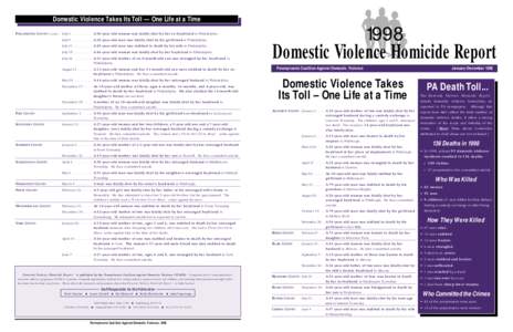 Domestic Violence Takes Its Toll — One Life at a Time PHILADELPHIA COUNTY (cont.) July 3 . . . . . . . . . . A 50-year-old woman was fatally shot by her ex-boyfriend in Philadelphia. July 5 . . . . . . . . . . A 28-yea