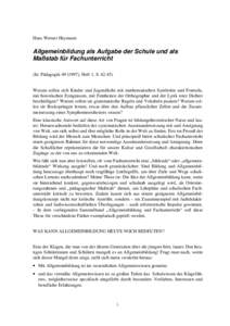 Hans Werner Heymann  Allgemeinbildung als Aufgabe der Schule und als