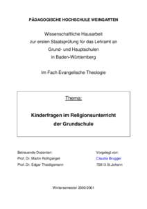 PÄDAGOGISCHE HOCHSCHULE WEINGARTEN  Wissenschaftliche Hausarbeit zur ersten Staatsprüfung für das Lehramt an Grund- und Hauptschulen in Baden-Württemberg