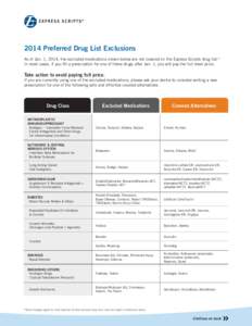 2014 Preferred Drug List Exclusions As of Jan. 1, 2014, the excluded medications shown below are not covered on the Express Scripts drug list.* In most cases, if you fill a prescription for one of these drugs after Jan. 