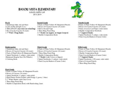 BAYOU VISTA ELEMENTARY SCHOOL SUPPLY LIST[removed]