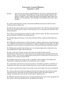University Council Minutes September 4, 2012 Present: Jack Lassiter, Clay Brown, Ranelle Eubanks, Jay Jones, Linda Rushing, Bob Ware, Susan Brewer, Debbie Bryant, Brandy Childs, Melodie Colwell, Carol