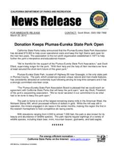 \CALIFORNIA DEPARTMENT OF PARKS AND RECREATION  News Release FOR IMMEDIATE RELEASE March 23, 2012