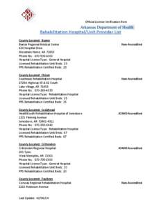 Official License Verification from  Rehabilitation Hospital/Unit Provider List County Located: Baxter Baxter Regional Medical Center 624 Hospital Drive