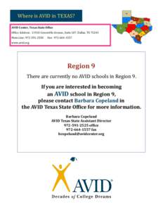 Where is AVID in TEXAS? AVID Center, Texas State Office Office Address: 11910 Greenville Avenue, Suite 107, Dallas, TX[removed]Main Line: [removed]Fax: [removed]