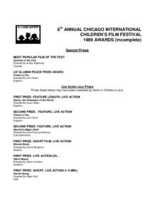 6th ANNUAL CHICAGO INTERNATIONAL CHILDREN’S FILM FESTIVAL 1989 AWARDS (incomplete) Special Prizes MOST POPULAR FILM OF THE FEST Summer of the Colt