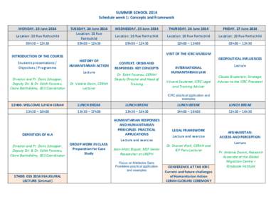 SUMMER SCHOOL 2014 Schedule week 1: Concepts and Framework MONDAY, 23 June 2014 Location: 20 Rue Rothschild 08h30 – 12h30