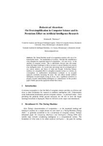 Reductio ad Absurdum: On Oversimplification in Computer Science and its Pernicious Effect on Artificial Intelligence Research Kristinn R. Thórisson1,2 1