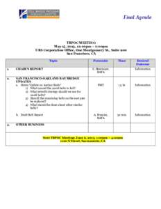 Final Agenda  TBPOC MEETING May 15, 2013, 12:00pm – 2:00pm URS Corporation Office, One Montgomery St., Suite 900 San Francisco, CA