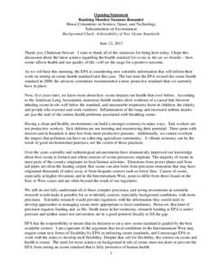 Opening Statement Ranking Member Suzanne Bonamici House Committee on Science, Space, and Technology Subcommittee on Environment Background Check: Achievability of New Ozone Standards June 12, 2013