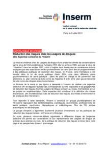 Réduction des risques chez les usagers de drogues - Une Expertise collective de l’Inserm. Communiqué de presse du 2 juuillet 2010