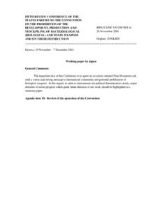 FIFTH REVIEW CONFERENCE OF THE STATES PARTIES TO THE CONVENTION ON THE PROHIBITION OF THE BWC/CONF.V/COW/WP.14 DEVELOPMENT, PRODUCTION AND 26 November 2001