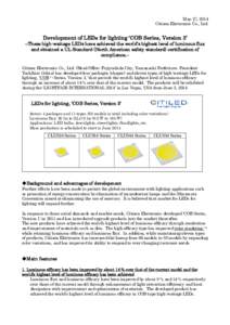 May 27, 2014 Citizen Electronics Co., Ltd. Development of LEDs for lighting ‘COB Series, Version 3’ –These high-wattage LEDs have achieved the world’s highest level of luminous flux and obtained a UL Standard (No