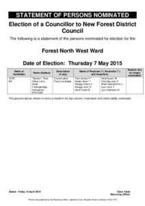 STATEMENT OF PERSONS NOMINATED Election of a Councillor to New Forest District Council The following is a statement of the persons nominated for election for the  Forest North West Ward