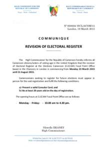 Nº [removed]HCL/ACOM/15 London, 19 March 2015 COMMUNIQUE  REVISION OF ELECTORAL REGISTER