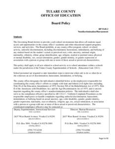 TULARE COUNTY OFFICE OF EDUCATION Board Policy BPNondiscrimination/Harassment Students