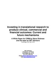 Finance / Medical research / Private equity / National Institutes of Health / Bethesda /  Maryland / California Institute for Regenerative Medicine / FasterCures / Translational medicine / Translational research / Medicine / Venture capital / Health