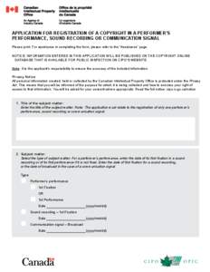 Application for Registration of a Copyright in a Performer’s performance, sound recording or communication signal