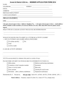 Ararat & District U3A Inc. - MEMBER APPLICATION FORM 2014 NAME: ________________________________________________________________  TELEPHONE:____________________