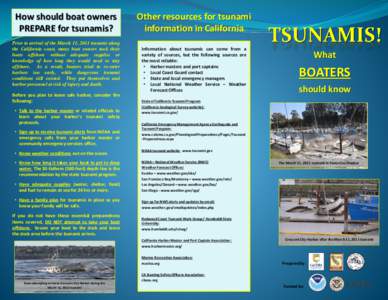 How should boat owners PREPARE for tsunamis? Prior to arrival of the March 11, 2011 tsunami along the California coast, many boat owners took their boats offshore without adequate supplies or knowledge of how long they w