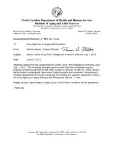 North Carolina Department of Health and Human Services Division of Aging and Adult Services 2101 Mail Service Center • Raleigh, North Carolina[removed]Tel[removed] • Fax No[removed]Beverly Eaves Perdue,