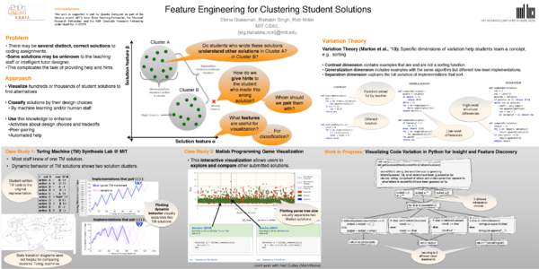 Feature Engineering for Clustering Student Solutions  Acknowledgments! This work is supported in part by Quanta Computer as part of the Qmulus project, MIT’s Amar Bose Teaching Fellowship, the Microsoft Research Fellow