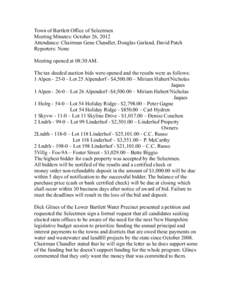 Town of Bartlett Office of Selectmen Meeting Minutes: October 26, 2012 Attendance: Chairman Gene Chandler, Douglas Garland, David Patch Reporters: None Meeting opened at 08:30 AM. The tax deeded auction bids were opened 