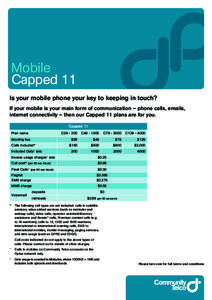Mobile Capped 11 Is your mobile phone your key to keeping in touch? If your mobile is your main form of communication – phone calls, emails, internet connectivity – then our Capped 11 plans are for you. Capped 11