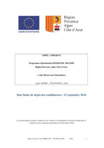 APPEL A PROJETS  Programme Opérationnel FEDER-FSERégion Provence Alpes Côte d’Azur  « Aide Directe aux Entreprises»