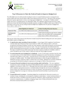 Top 10 Reasons to Take the Federal Funds to Improve BadgerCare The Affordable Care Act (ACA) provides funding for states to expand health insurance coverage for lowincome adults who have income below 138% of the federal 