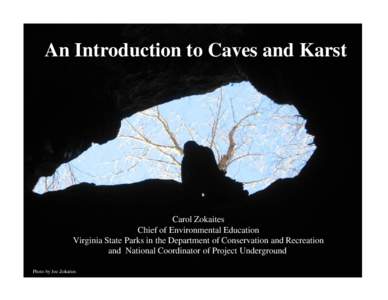 An Introduction to Caves and Karst  Carol Zokaites Chief of Environmental Education Virginia State Parks in the Department of Conservation and Recreation and National Coordinator of Project Underground