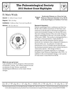 The Paleontological Society 2012 Student Grant Highlights D. Marie Weide Award: G. Arthur Cooper Award Degree: M.S., Geology