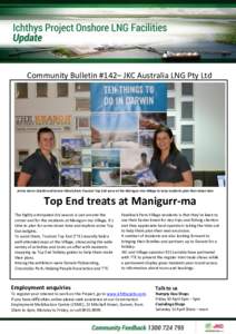 Community Bulletin #142– JKC Australia LNG Pty Ltd  Jenna Green Shields and Janine Fidock from Tourism Top End were at the Manigurr-ma Village to help residents plan their down time Top End treats at Manigurr-ma The hi