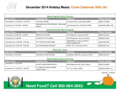 December 2014 Holiday Meals: Come Celebrate With Us! North Santa Clara County Day & Time Organization