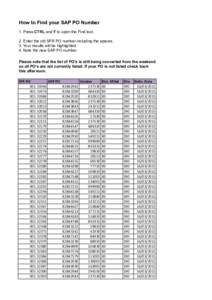 How to Find your SAP PO Number 1. Press CTRL and F to open the Find tool. 2. Enter the old SFR PO number including the spaces. 3. Your results will be highlighted. 4. Note the new SAP PO number. Please note that the list