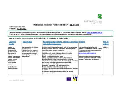 Možnosti za zaposlitev v državah EU/EGP - N E M Č I J A Datum objave: [removed]Država: N E M Č I J A Več podrobnosti o posameznih prostih delovnih mestih si lahko ogledate na Evropskem zaposlitvenem portalu http://