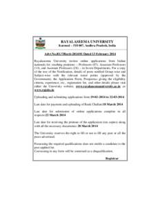 RAYALASEEMA UNIVERSITY Kurnool – [removed], Andhra Pradesh, India Advt No.RU/TRectt[removed]Dated 13 February 2014 Rayalaseema University invites online applications from Indian nationals for teaching positions -- Profes