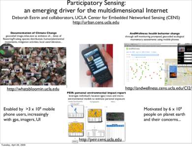 Participatory Sensing: an emerging driver for the multidimensional Internet Deborah Estrin and collaborators, UCLA Center for Embedded Networked Sensing (CENS) http://urban.cens.ucla.edu Documentation of Climate Change g