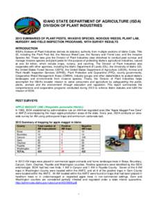 IDAHO STATE DEPARTMENT OF AGRICULTURE (ISDA) DIVISION OF PLANT INDUSTRIES 2013 SUMMARIES OF PLANT PESTS, INVASIVE SPECIES, NOXIOUS WEEDS, PLANT LAB, NURSERY AND FIELD INSPECTION PROGRAMS, WITH SURVEY RESULTS INTRODUCTION
