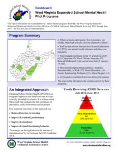 Dashboard:  West Virginia Expanded School Mental Health Pilot Programs This report summarizes the Expanded School Mental Health programs funded by the West Virginia Bureau for Behavioral Health and Health Facilities, Div