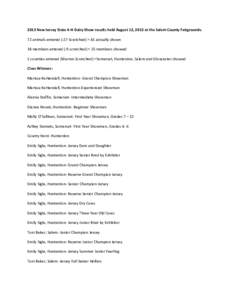 2013 New Jersey State 4-H Dairy Show results held August 12, 2013 at the Salem County Fairgrounds. 72 animals entered (-27 Scratched) = 45 actually shown 34 members entered (-9 scratched) = 25 members showed 5 counties e