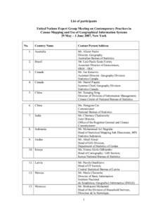 List of participants United Nations Expert Group Meeting on Contemporary Practices in Census Mapping and Use of Geographical Information Systems 29 May – 1 June 2007, New York No.